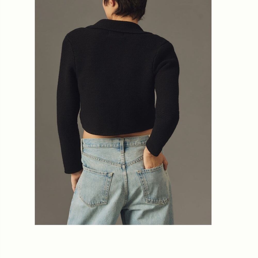 Anthropologie Black Cropped Cotton Blazer Open Knit Cardigan DH New York NWT M - Picture 7 of 11